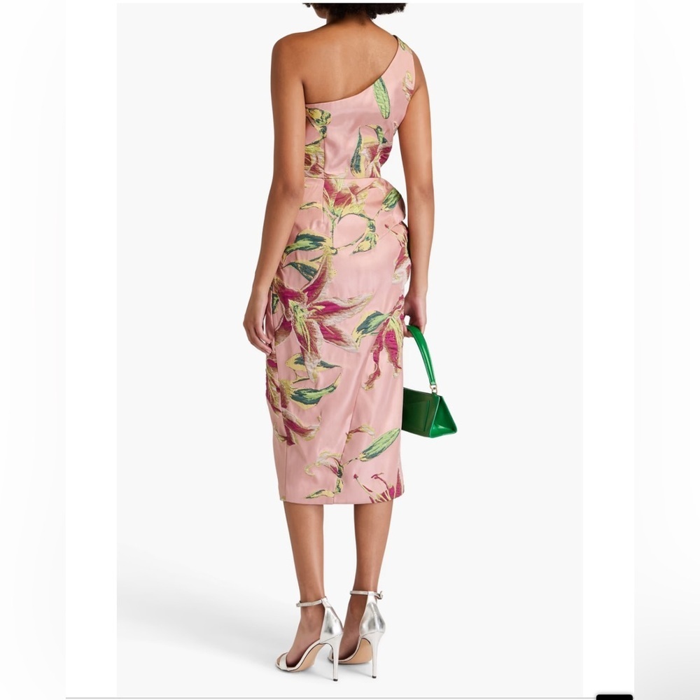$765 New MARCHESA NOTTE One-shoulder Draped Floral-Jacquard Midi Dress Blush 4 - Picture 2 of 16
